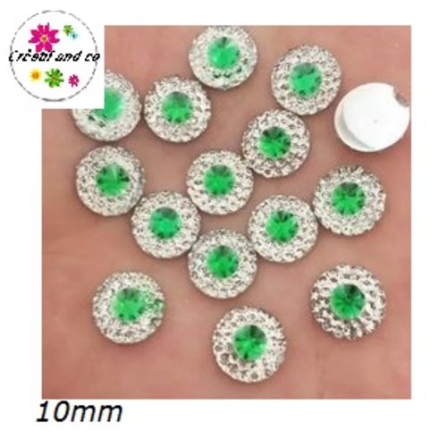 X2 cabochons strass résine central vert résine 10mm