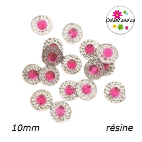X2 cabochons strass résine central fuschia résine 10mm