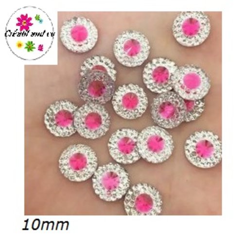 X2 cabochons strass résine central fuschia résine 10mm