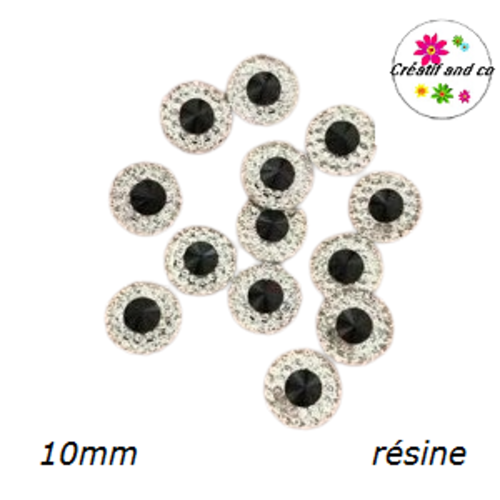 X2 cabochons strass résine central noir résine 10mm