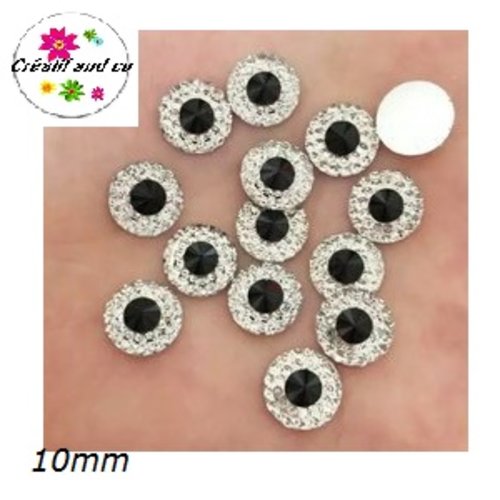 X2 cabochons strass résine central noir résine 10mm