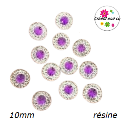 X2 cabochons strass résine central mauve résine 10mm
