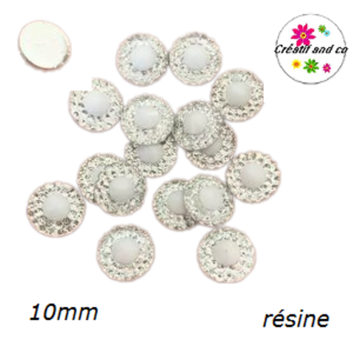 X2 cabochons strass résine central blanc résine 10mm