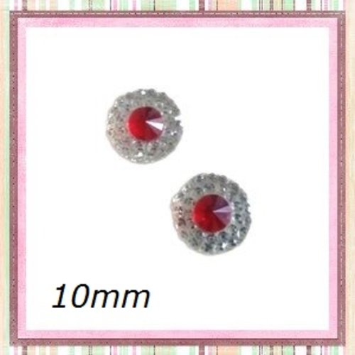 X2 cabochons strass résine central rouge résine 10mm