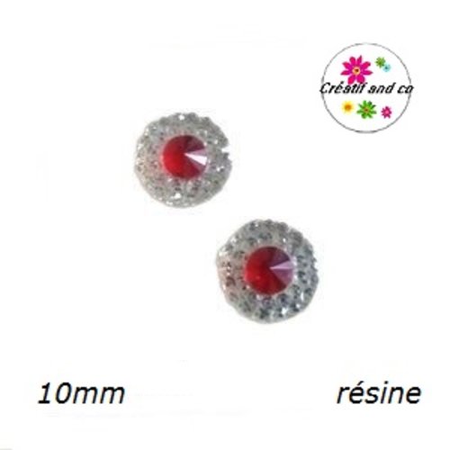 X2 cabochons strass résine central rouge résine 10mm