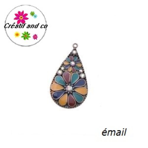 Grand pendentif goutte émail style bohème 44mm