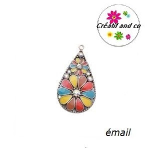 Grand pendentif goutte émail style bohème 44mm