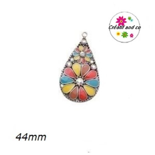 Grand pendentif goutte émail style bohème 44mm