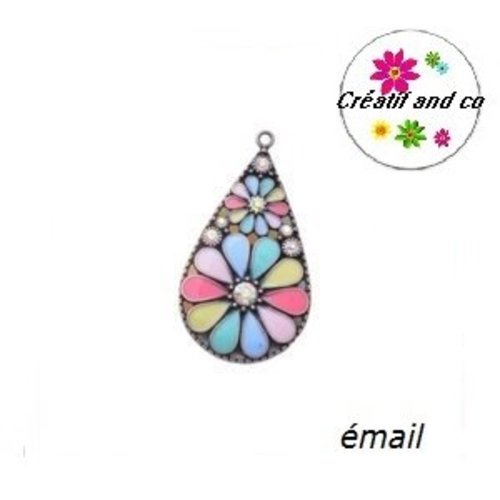 Grand pendentif goutte émail style bohème 44mm