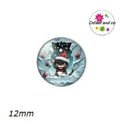 X2 cabochons chat noir et son bonnet de noël 12mm