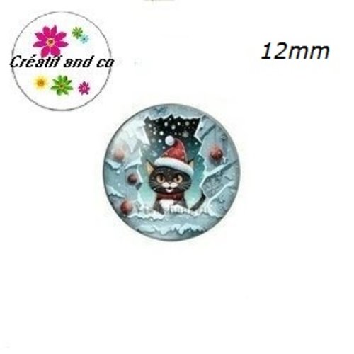 X2 cabochons chat noir et son bonnet de noël 12mm