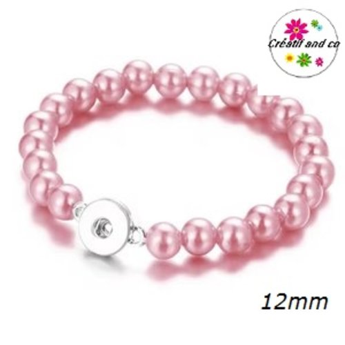 Bracelet élastique avec perle rose très très pâle pour bouton pression 12mm