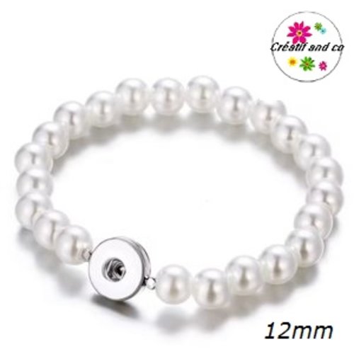 Bracelet élastique avec perle blanche pour bouton pression 12mm