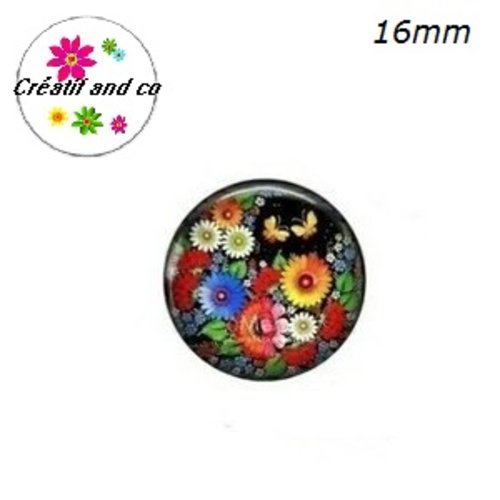 X2 cabochons motif fleurs d'art populaire 16mm