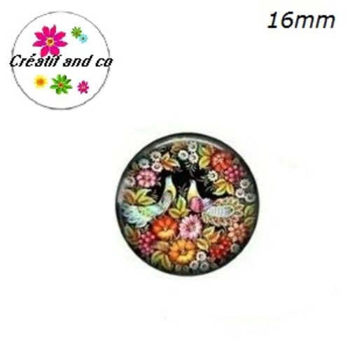 X2 cabochons motif fleurs d'art populaire 16mm