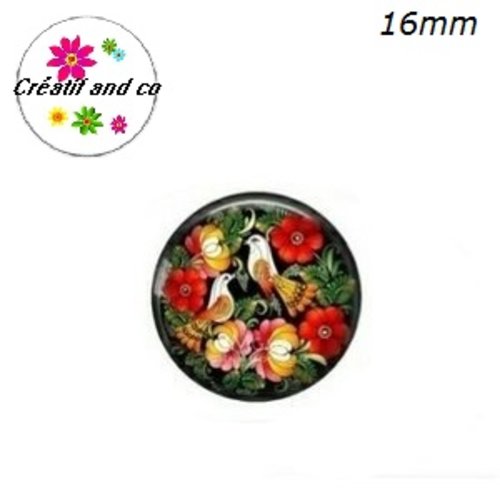 X2 cabochons motif fleurs d'art populaire 16mm
