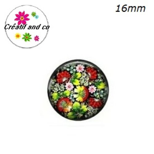 X2 cabochons motif fleurs d'art populaire 16mm