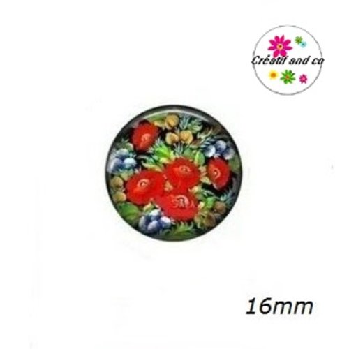 X2 cabochons motif fleurs d'art populaire 16mm