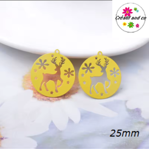 Breloque estampe cerf dans cercle jaune 25mm
