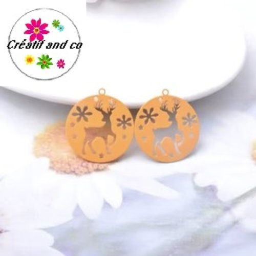 Breloque estampe cerf dans cercle orange 25mm