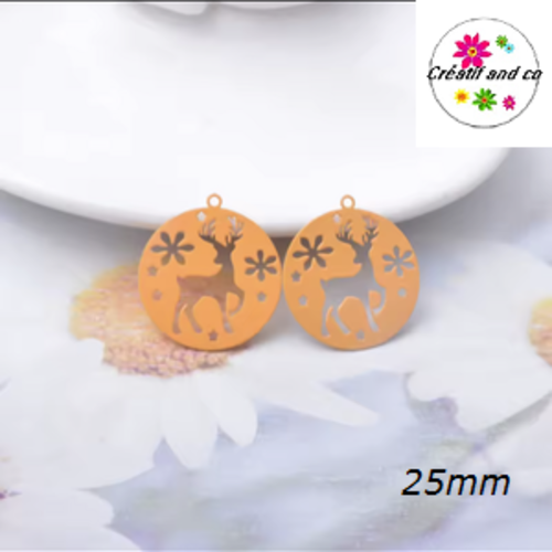 Breloque estampe cerf dans cercle orange 25mm