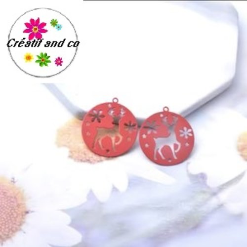 Breloque estampe cerf dans cercle rouge 25mm