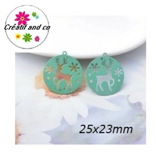 Breloque estampe cerf dans cercle vert paon 25mm