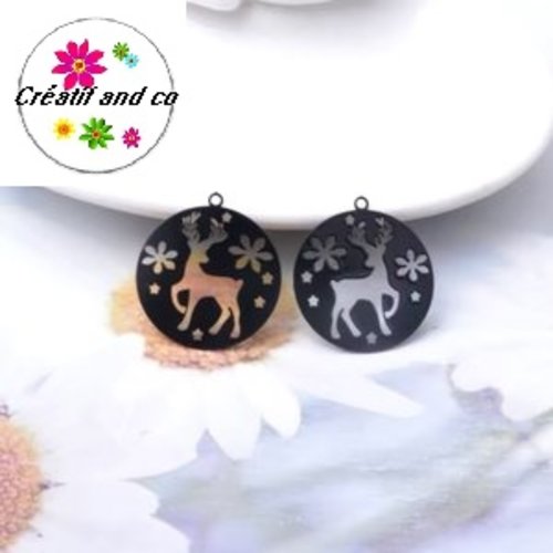 Breloque estampe cerf dans cercle noir  25mm