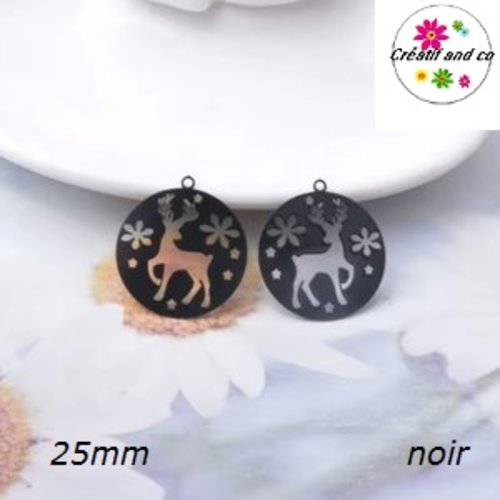 Breloque estampe cerf dans cercle noir  25mm