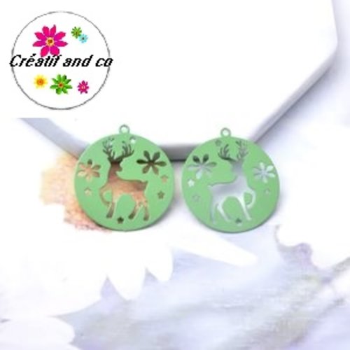 Breloque estampe cerf dans cercle vert 25mm