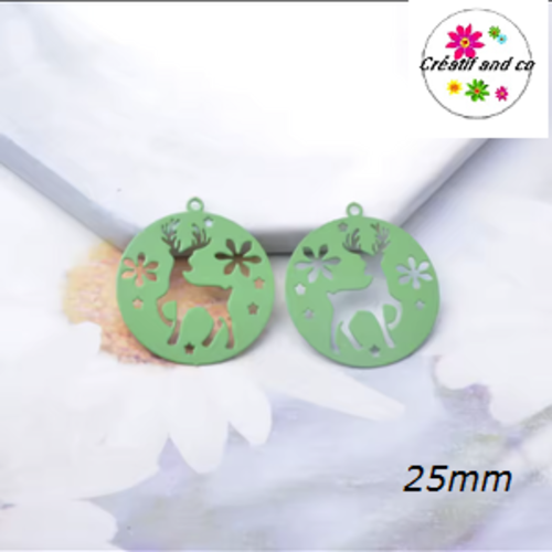 Breloque estampe cerf dans cercle vert 25mm