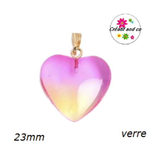 Pendentif coeur bi couleur rose-jaune en verre 23mm
