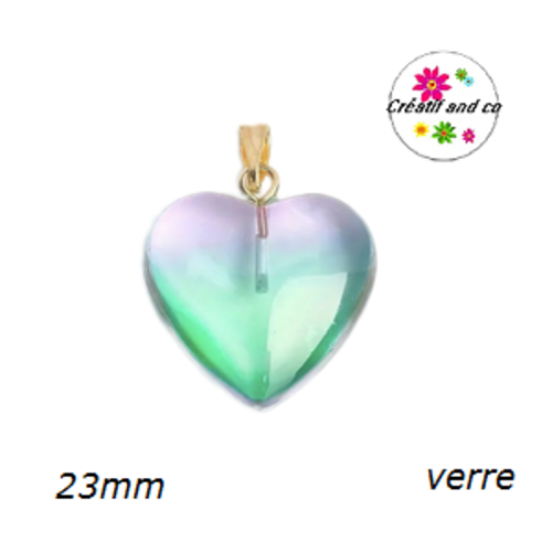 Pendentif coeur bi couleur mauve-vert en verre 23mm