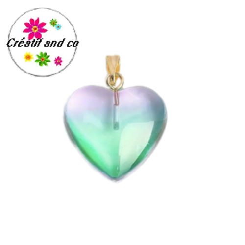 Pendentif coeur bi couleur mauve-vert en verre 23mm
