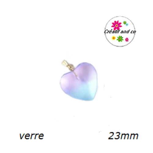 Pendentif coeur bi couleur mauve-bleu en verre 23mm