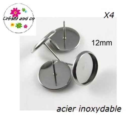 X4 puces oreilles acier inoxydable pour cabochon 12mm