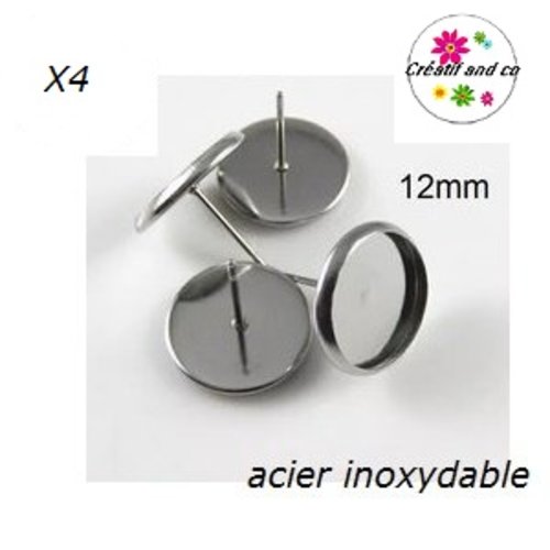 X4 puces oreilles acier inoxydable pour cabochon 12mm
