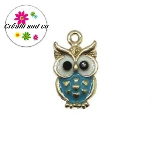 Breloque hibou émail bleu-vert  20mm