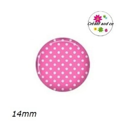 X2 cabochons roses à pois blancs 14mm