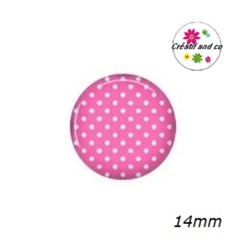 X2 cabochons roses à pois blancs 14mm