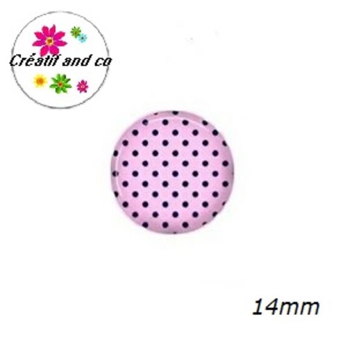 X2 cabochons roses à pois noirs 14mm