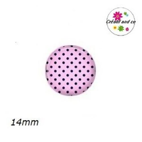 X2 cabochons roses à pois noirs 14mm