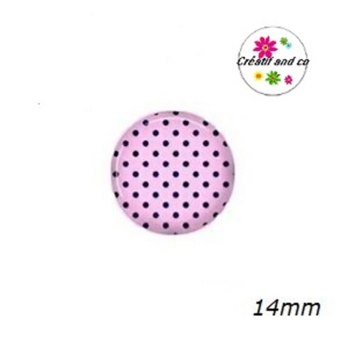 X2 cabochons roses à pois noirs 14mm