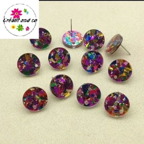 Clou oreille mauve pailleté multicouleur 14mm