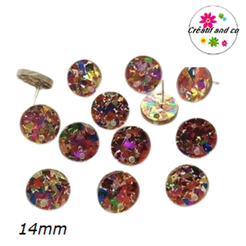 Clou oreille rouge pailleté multicouleur 14mm