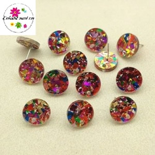 Clou oreille rouge pailleté multicouleur 14mm
