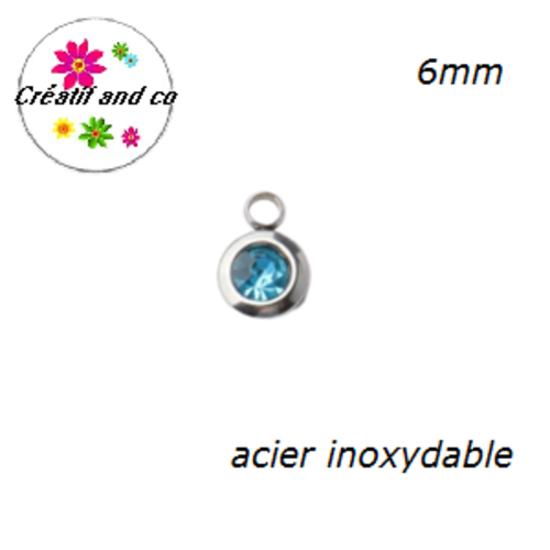 Petit pendentif acier inoxydable strass bleu 6mm