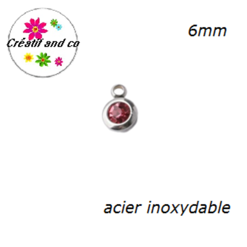 Petit pendentif acier inoxydable strass parme 6mm