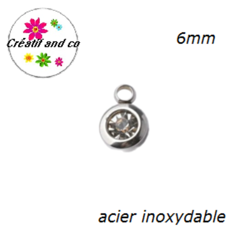 Petit pendentif acier inoxydable strass argent 6mm