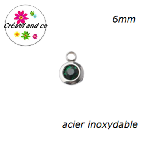 Petit pendentif acier inoxydable strass vert foncé 6mm